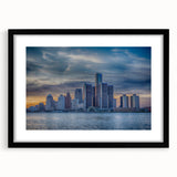 Extra-large framed abstract art print of colorful textured Detroit skyline, ideal for living room decor.