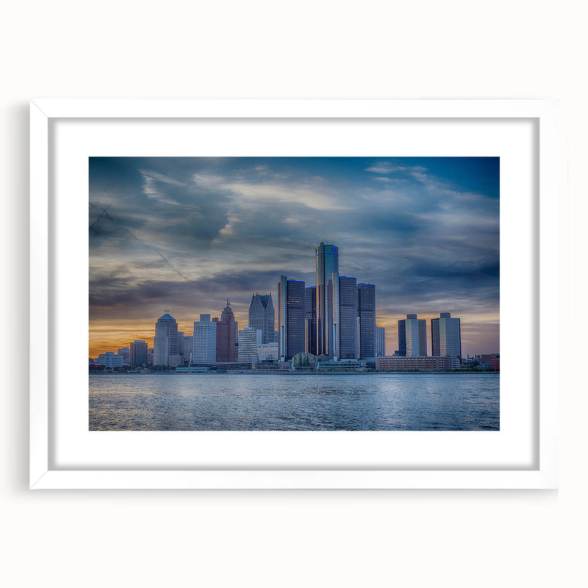 Abstract art print of Detroit skyline in muted gray and blue tones, framed with a white mat, ideal for dining room decor.