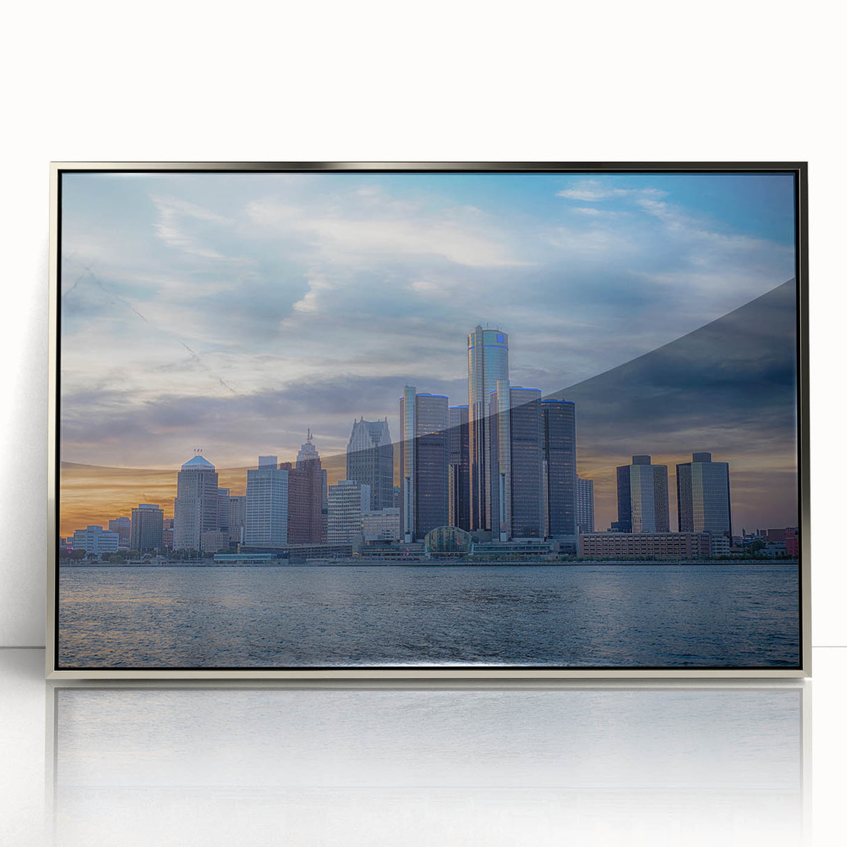Mid-century modernist art of Detroit skyline in muted blues and grays on a framed acrylic, ideal for nursery wall art.