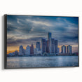 Black and white wall art featuring a vintage poster-style landscape of Detroit on framed canvas, suitable for bedroom decor.