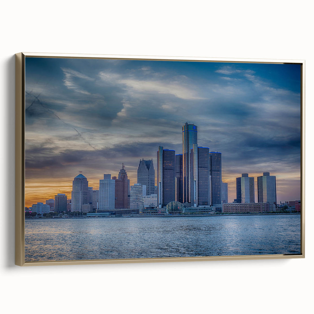 Framed canvas of Detroit landscape in vintage style with muted black and gold tones, ideal for bedroom wall art.
