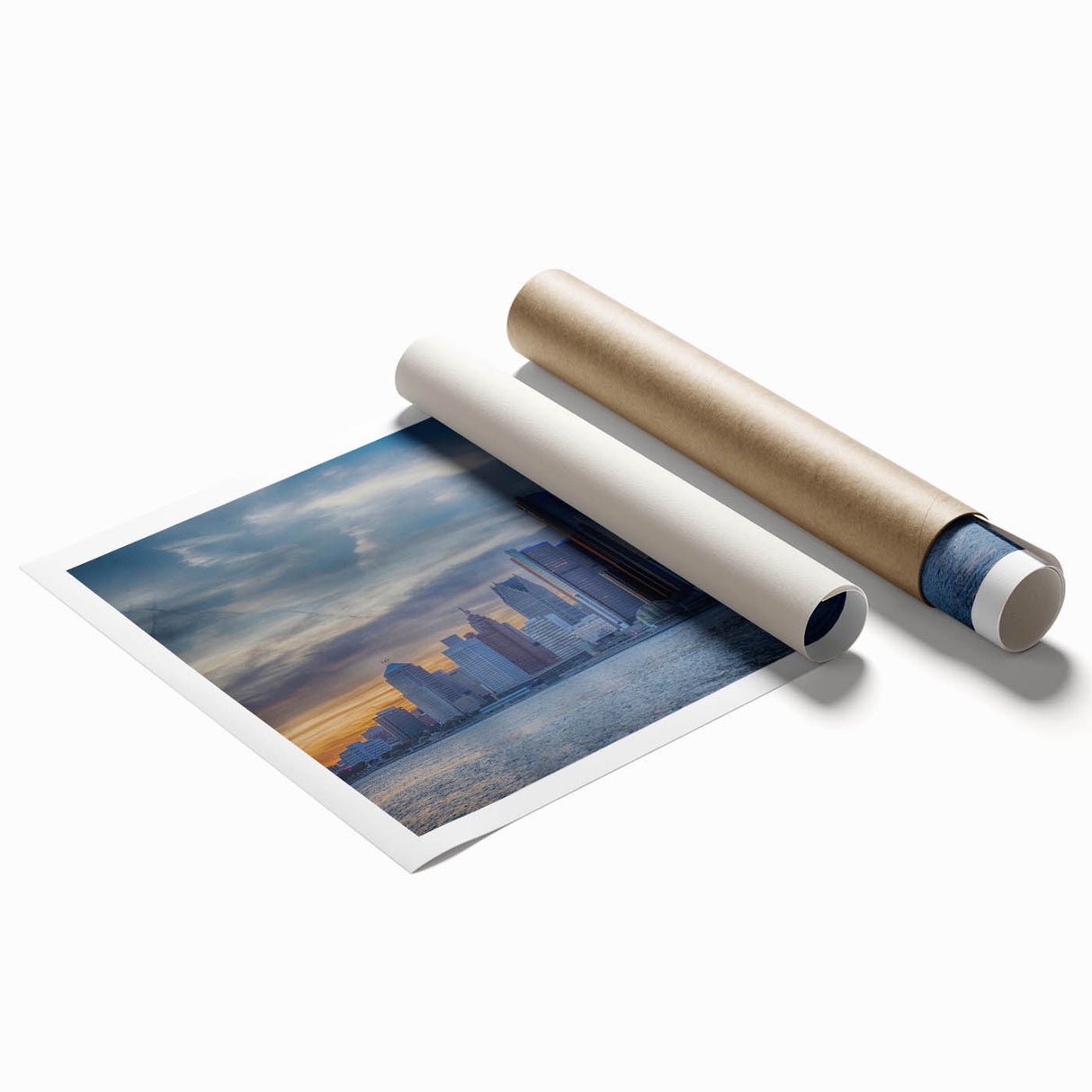 Extra large rolled print of Detroit skyline with muted blue and gray tones, suitable as large living room wall art.