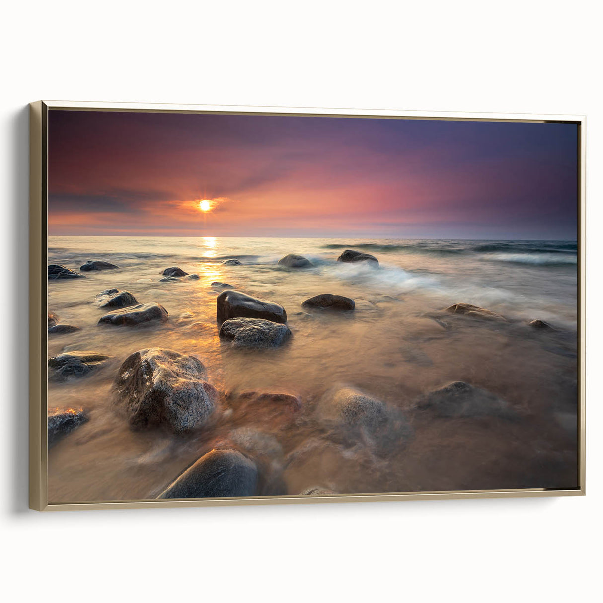 Framed canvas wall art featuring a vintage-style landscape painting of Michigan's Upper Peninsula in muted earth tones.