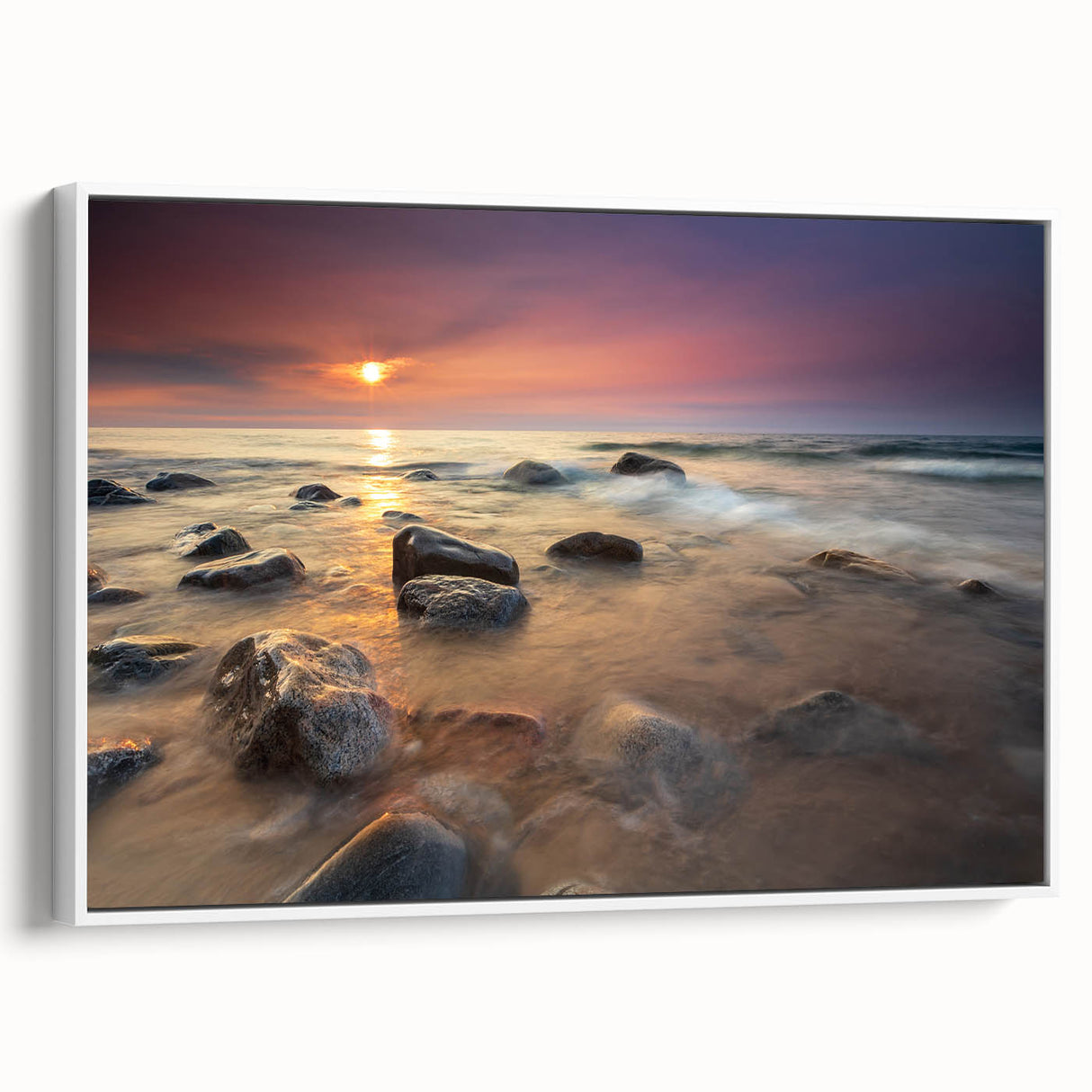 Vintage poster art of Michigan's Upper Peninsula on framed canvas, featuring colorful art on a black background.