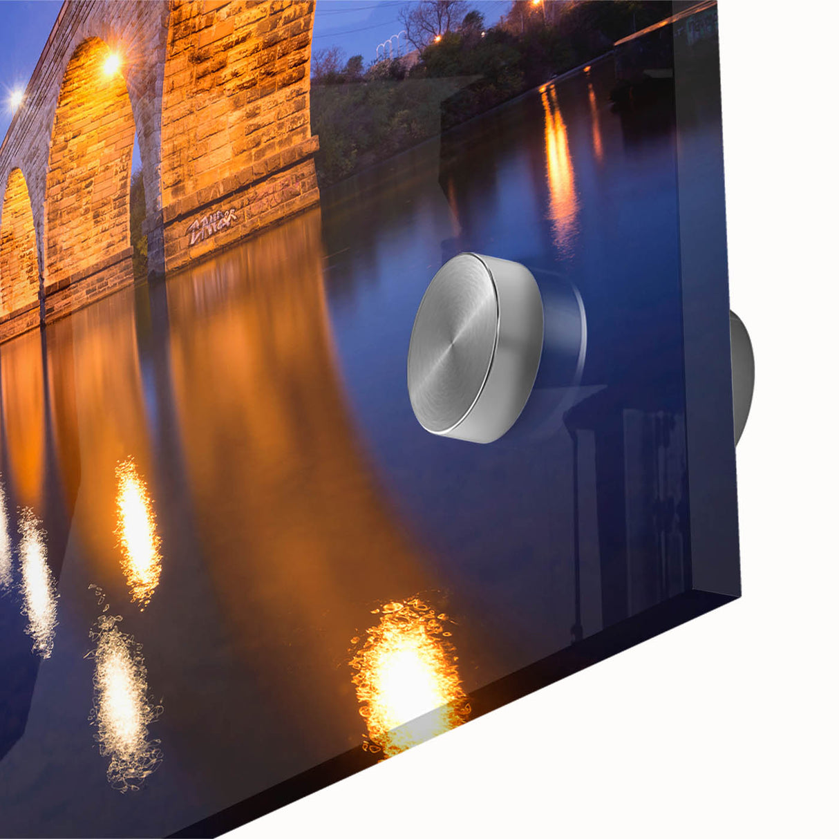 Large abstract wall art of Minneapolis skyline in muted blue and gray on acrylic glass, ideal for dining room decor.