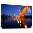 Acrylic print of Minneapolis skyline in muted blue and gray tones, suitable for bedroom or dining room decor.