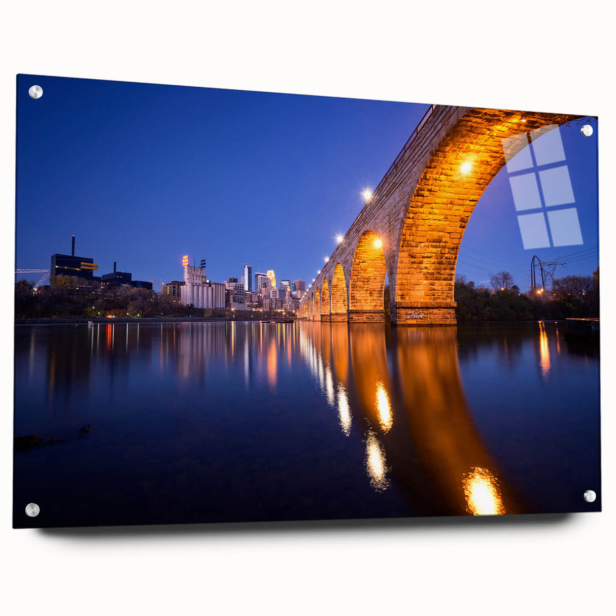 Acrylic print of Minneapolis skyline in muted blue and gray tones, suitable for bedroom or dining room decor.