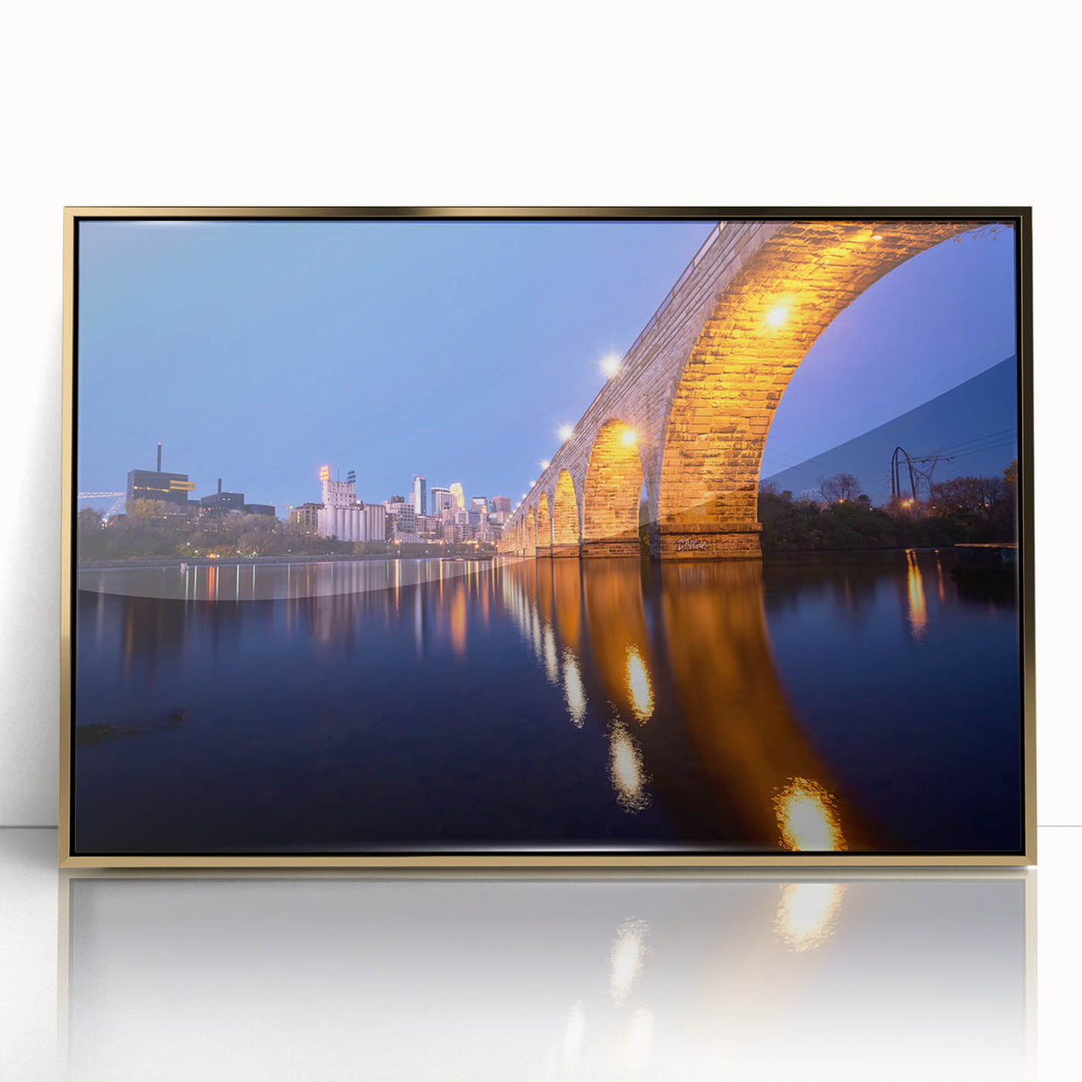 Acrylic print of Minneapolis skyline in gold and blue tones, ideal for modern art wall decor.