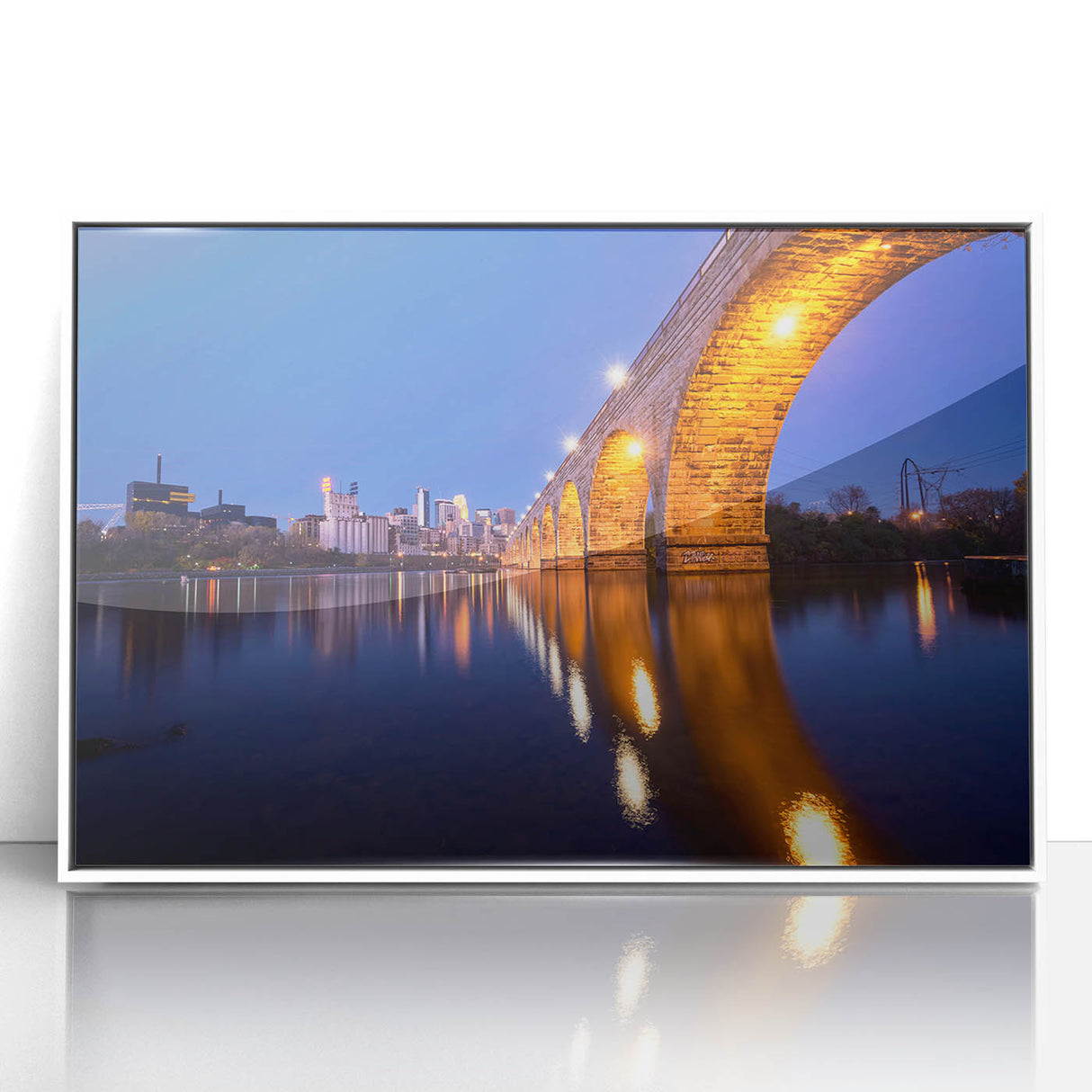 Acrylic print of Minneapolis skyline in muted gray and blue tones, framed in white, suitable for modern art wall decor.