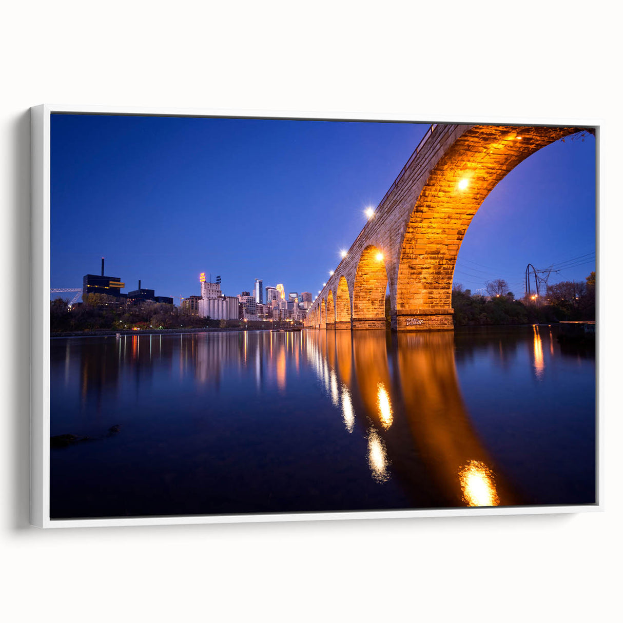 Vintage poster art of Minneapolis skyline in colorful hues on extra large framed canvas, ideal for living room decor.