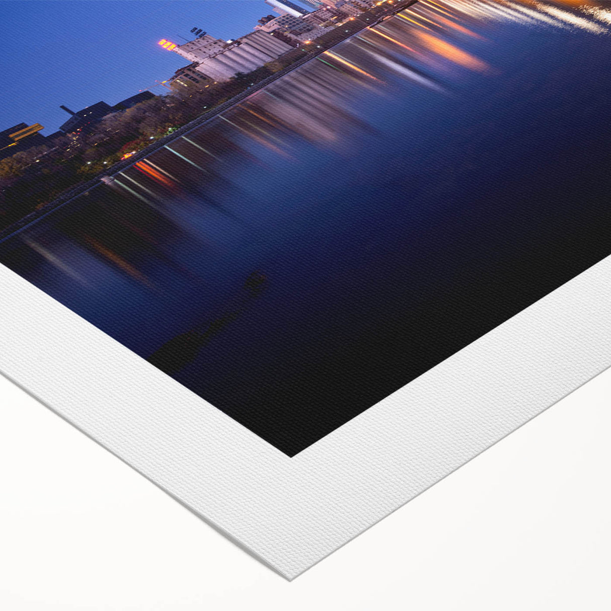 Art deco poster of Minneapolis skyline in muted gray and blue tones on rolled canvas, suitable for dining room wall art.