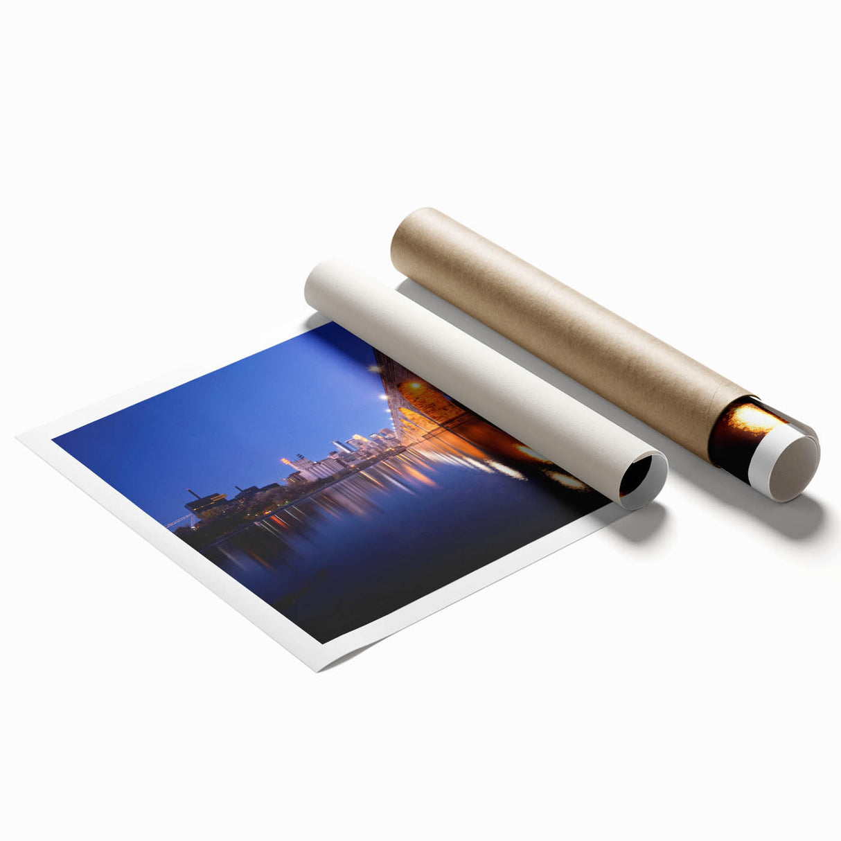 Extra large rolled print of Minneapolis skyline with soft pastel hues, ideal for classy bathroom wall art.