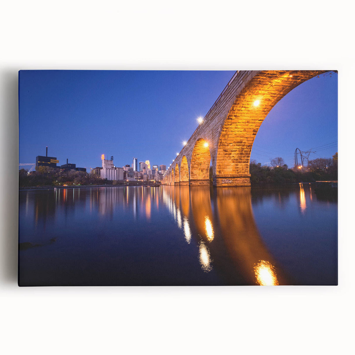 Black and white Minneapolis skyline on large stretched canvas, suitable for kitchen wall art.