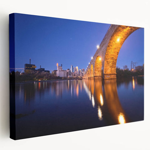 Minneapolis cityscape on stretched canvas with warm sunrise colors, ideal for kitchen wall art.