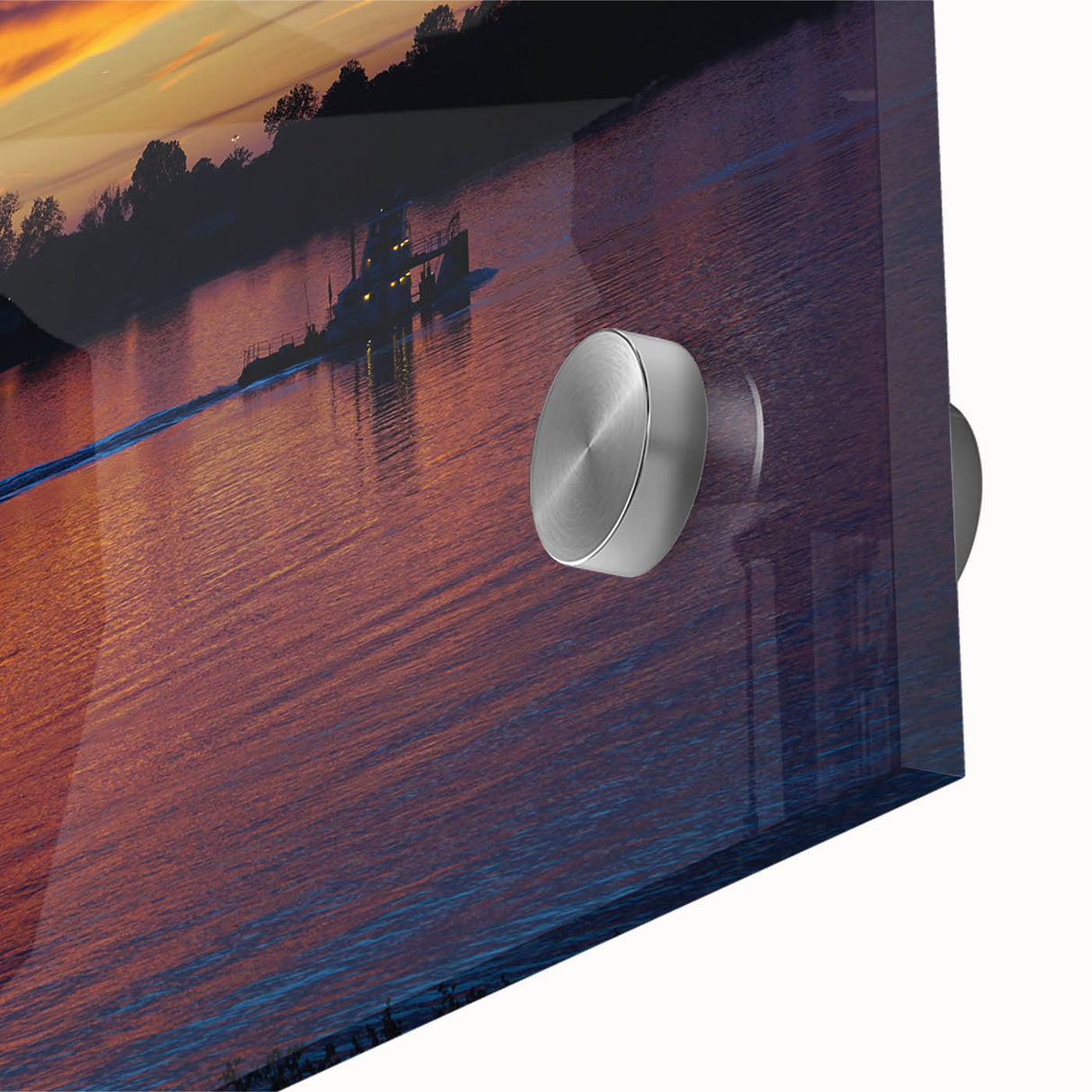 Large abstract wall art of the Mississippi scenery in mid-century modernist style, displayed on acrylic glass.