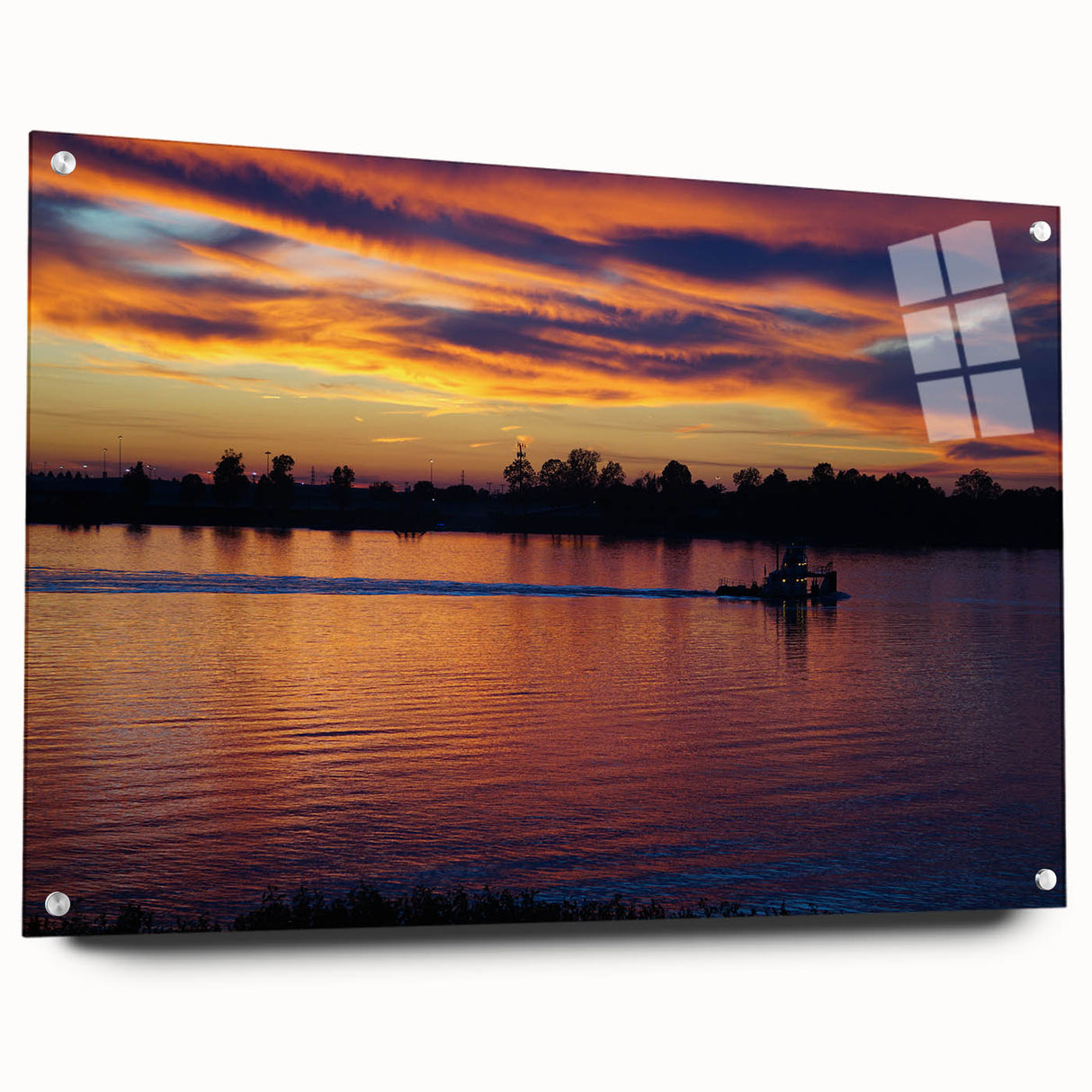 Large abstract wall art of Mississippi scenery in muted earth tones on acrylic glass.