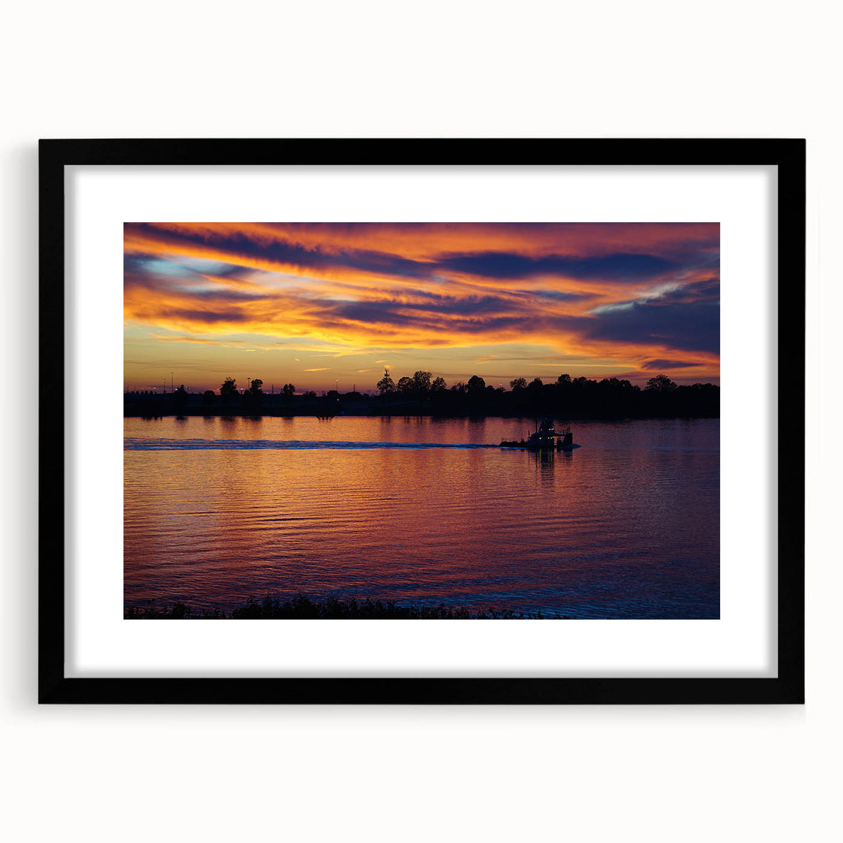 Extra large abstract art print of a colorful, textured Mississippi scenery on a black framed canvas.