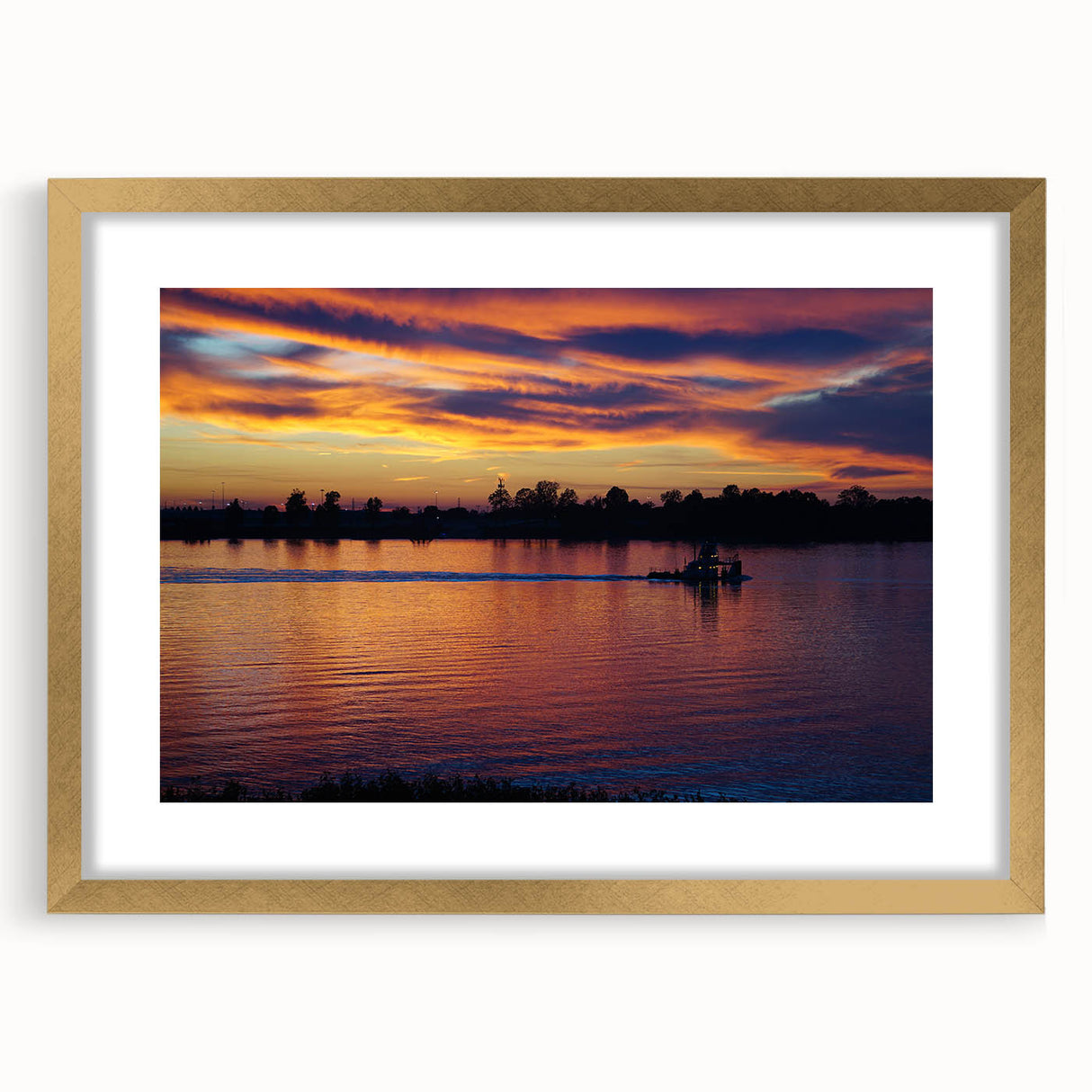 Extra large wall art for living room featuring an abstract Mississippi scenery in textured gold tones, framed with a mat.