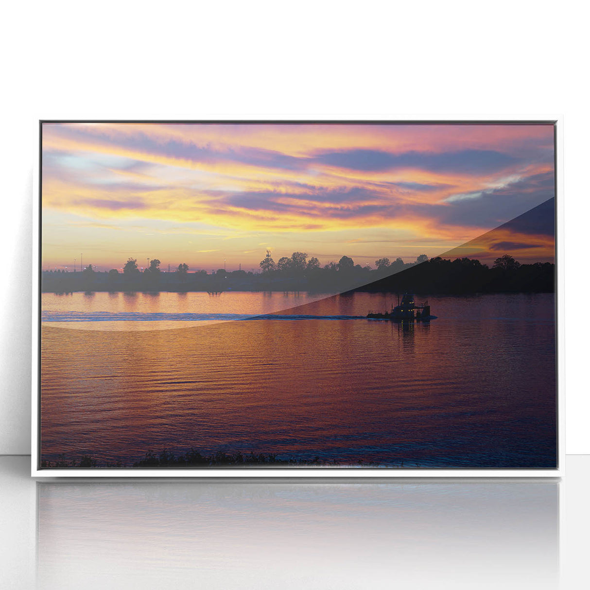 Large art print of a serene Mississippi landscape in muted earth tones, framed in white acrylic.
