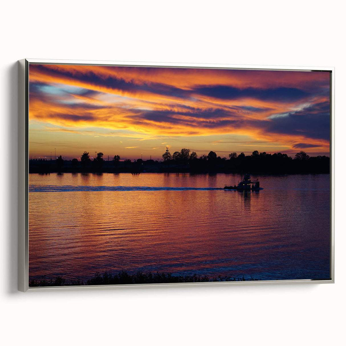Framed canvas featuring a vintage-style Mississippi landscape art painting with colorful and black elements.
