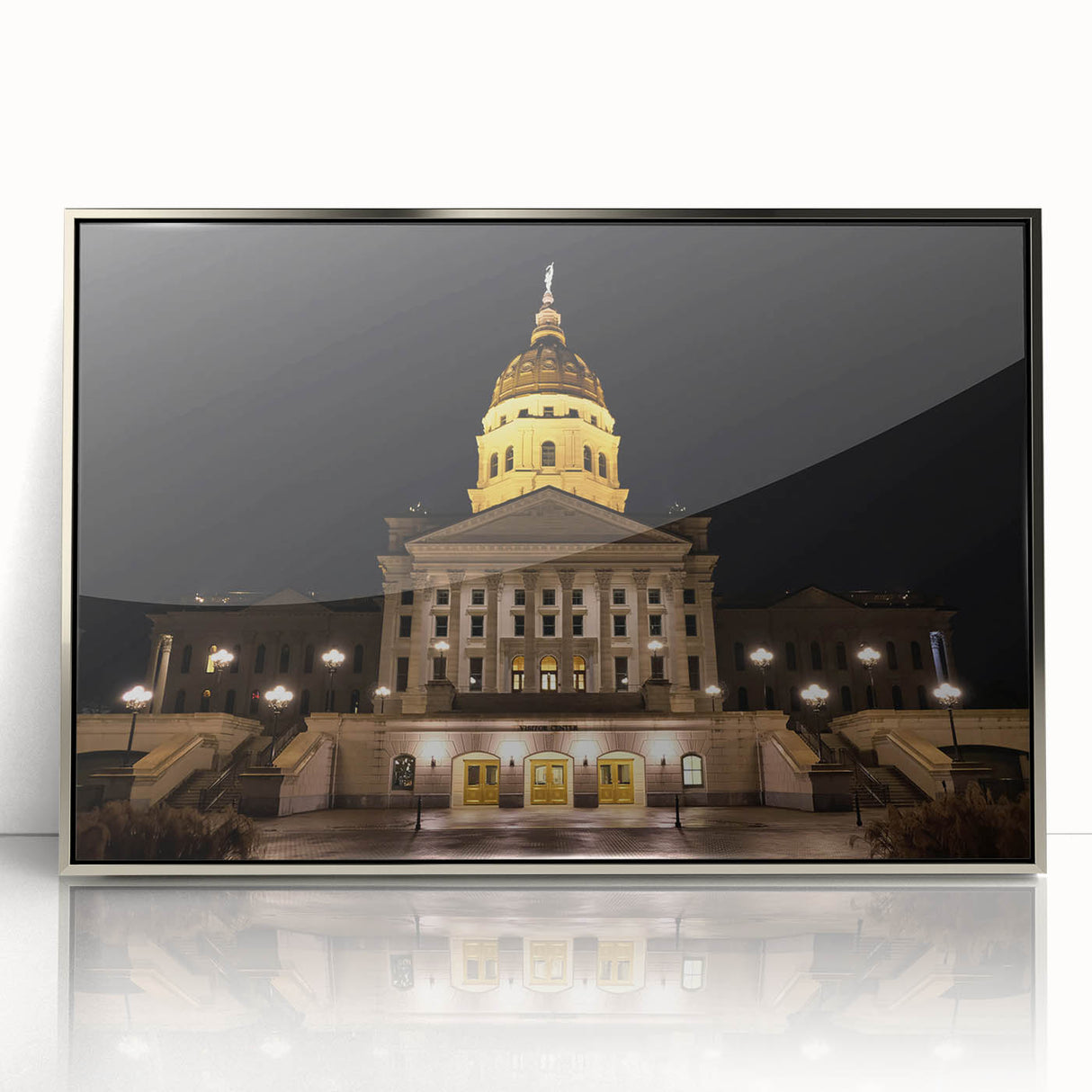 Mid-century modernist art of Kansas City skyline in muted colors on a framed acrylic, suitable for nursery wall art.