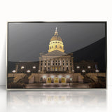 Mid-century modernist art of Kansas City skyline in muted colors on a framed acrylic, suitable for nursery wall art.