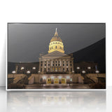 Art deco poster of Kansas City skyline in muted blue tones, framed acrylic, ideal for modern art wall decor.