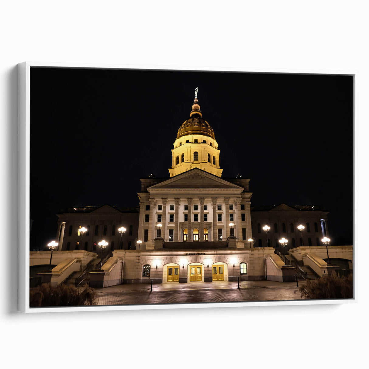 Vintage poster art of Kansas City skyline in vibrant colors on a large framed canvas, suitable for living room decor.
