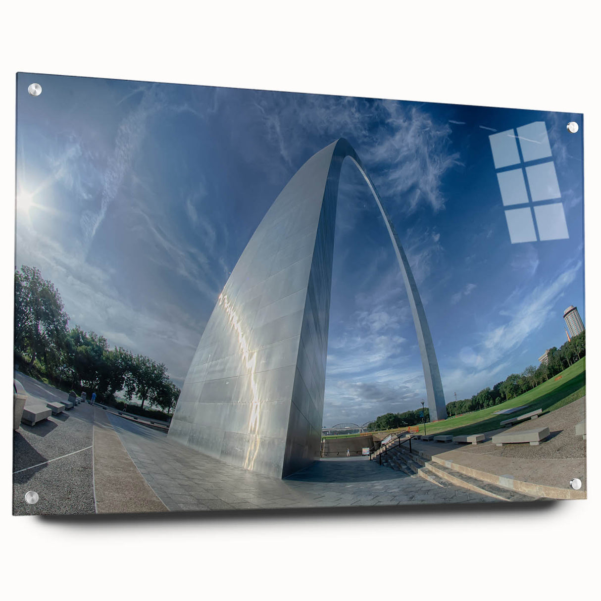 Acrylic print of the St. Louis skyline with muted blue and gray tones, suited for modern bedroom or dining room decor.