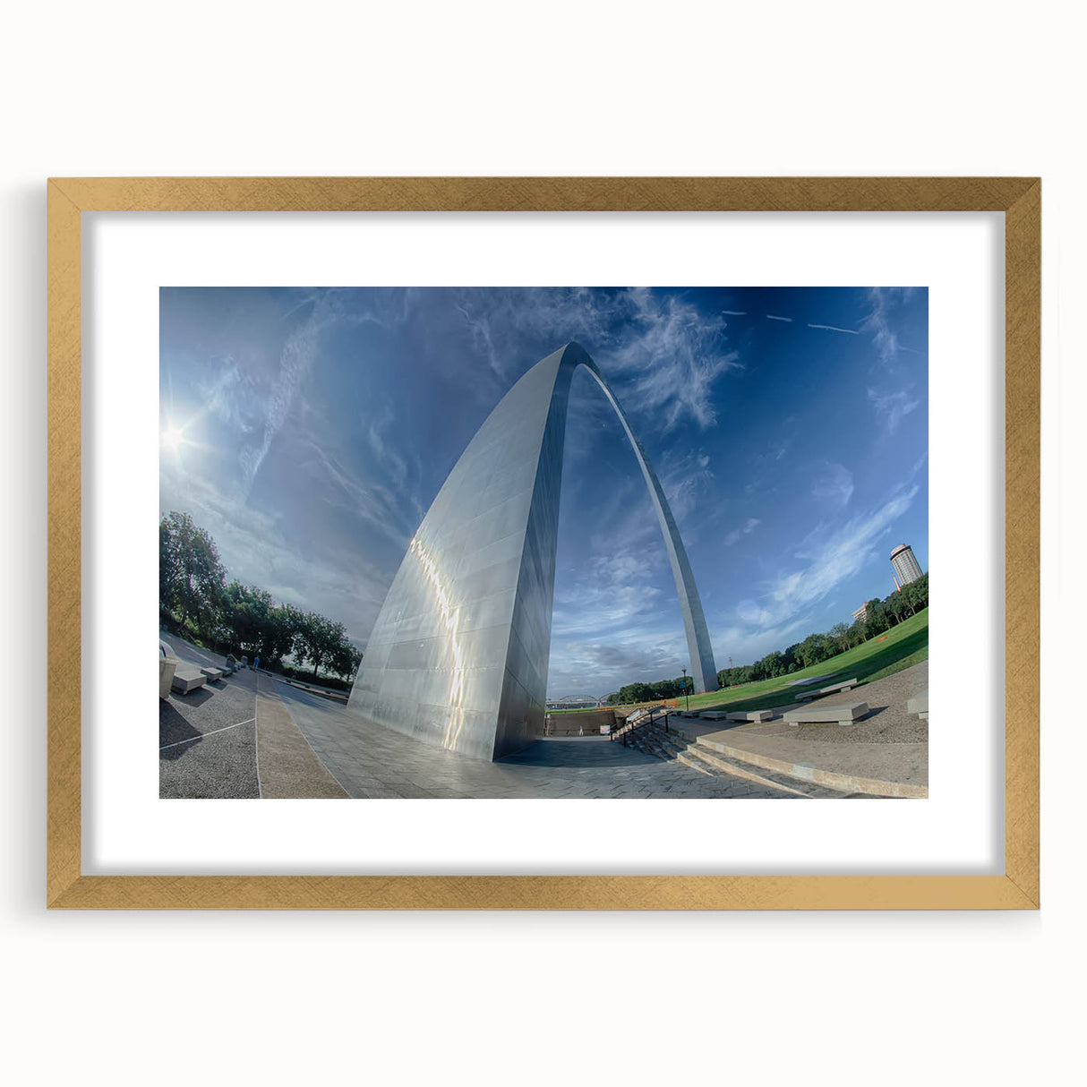 Extra large abstract art print of St. Louis skyline in textured gold frame, ideal for living room decor.