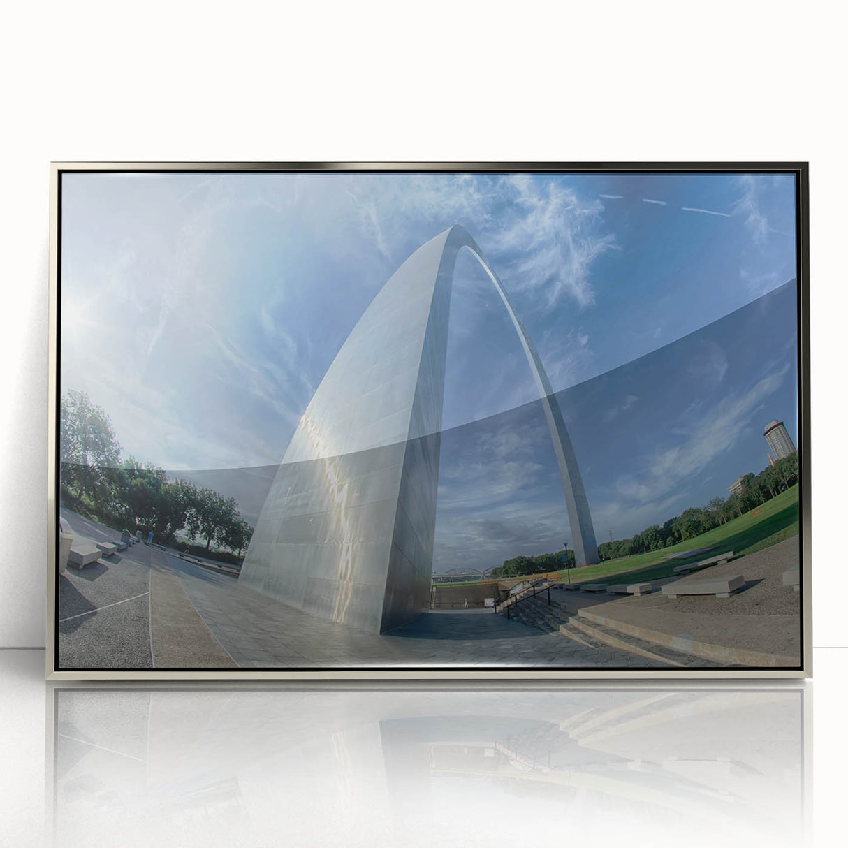 Mid-century modernist depiction of St. Louis skyline in silver framed acrylic, suited for nursery wall art.