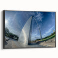 Black and white framed canvas of St. Louis skyline, featuring vintage poster art style, ideal for bedroom wall decor.