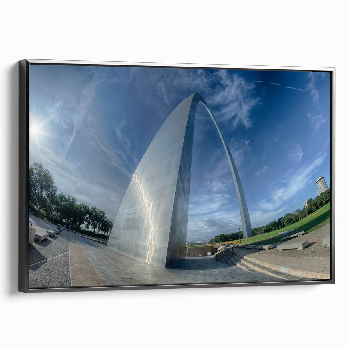 Black and white framed canvas of St. Louis skyline, featuring vintage poster art style, ideal for bedroom wall decor.