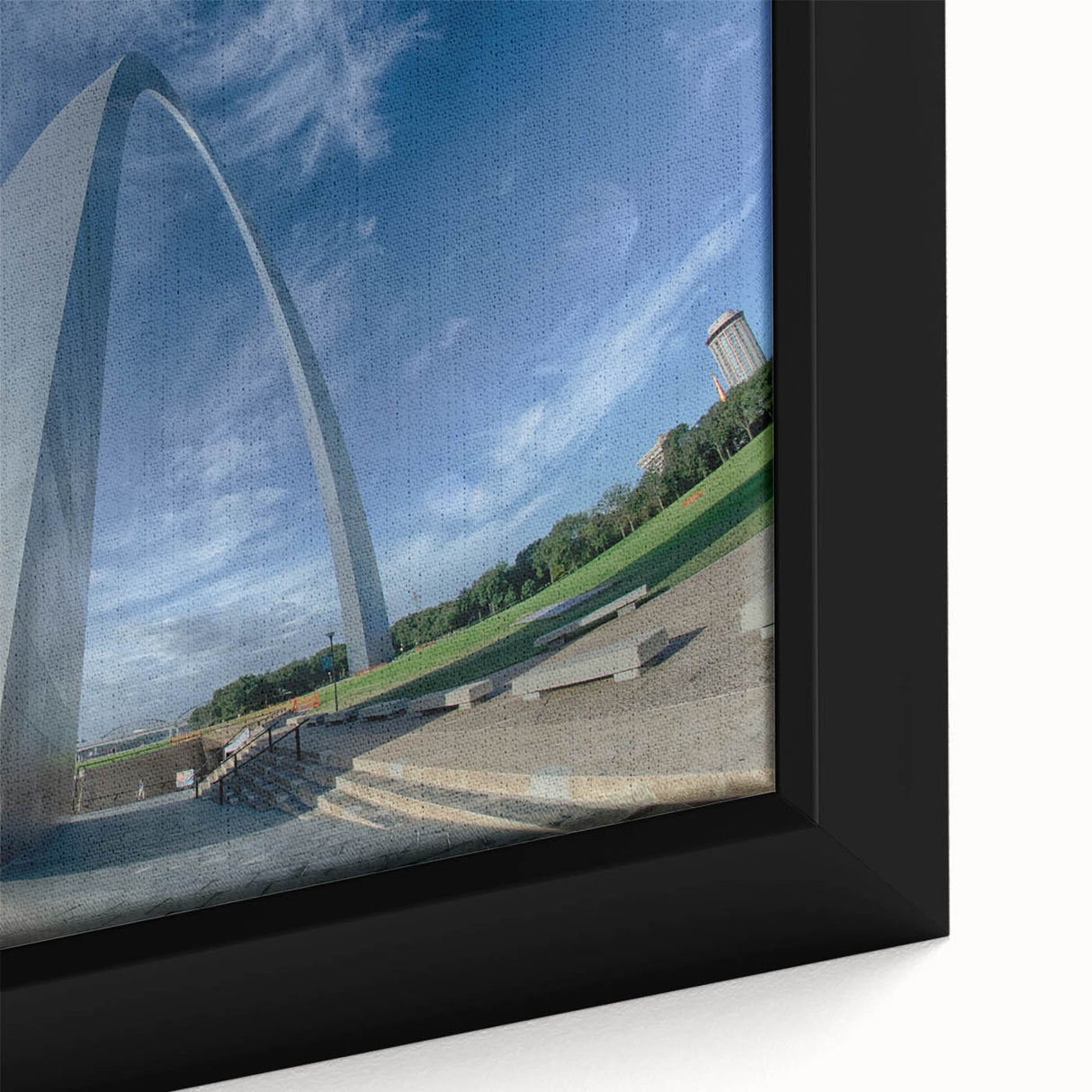Black wall art of St. Louis skyline with colorful, textured brush strokes on a framed canvas, ideal for living room decor.