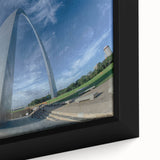 Black wall art of St. Louis skyline with colorful, textured brush strokes on a framed canvas, ideal for living room decor.