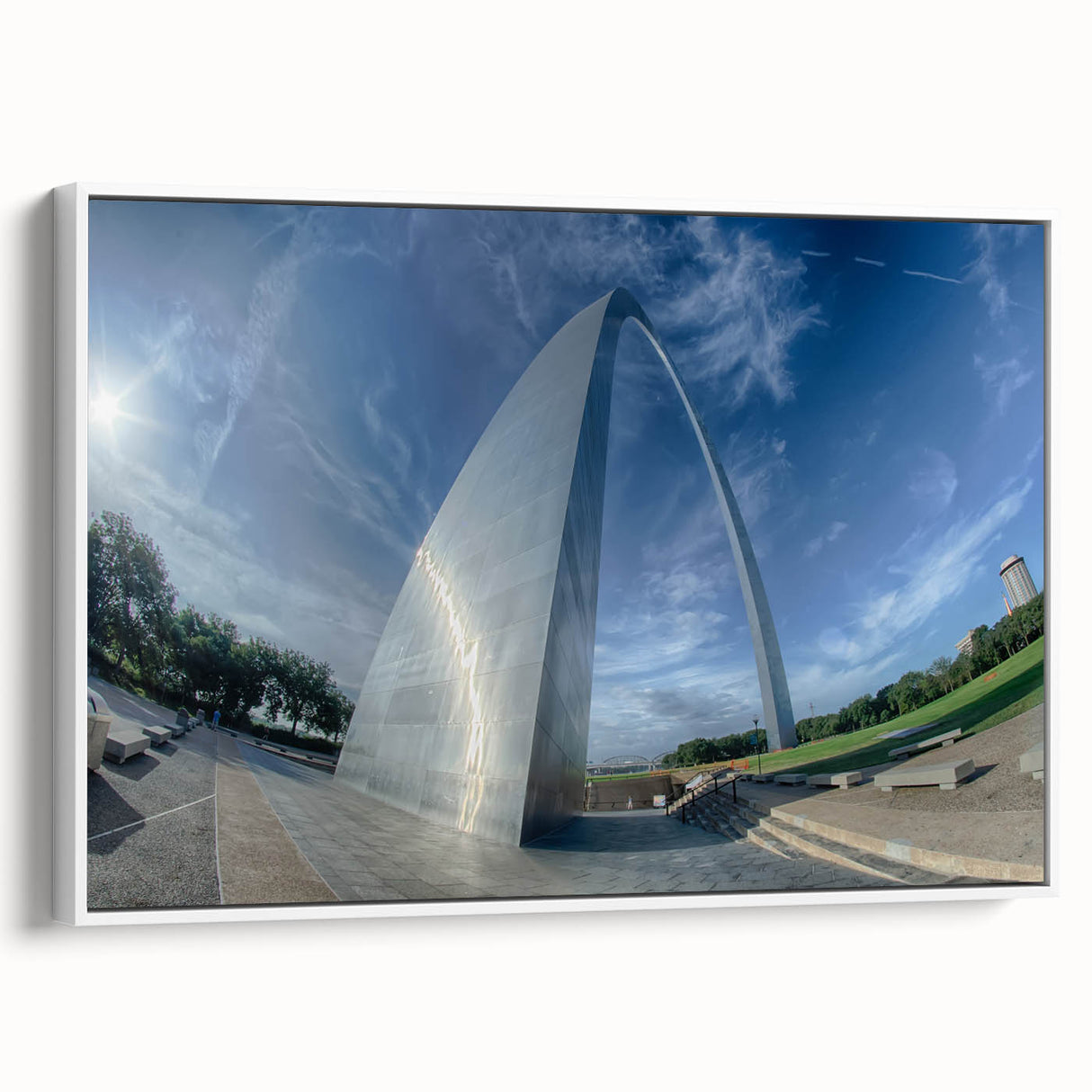 Vintage poster art of St. Louis skyline in colorful hues on extra large framed canvas, ideal for living room decor.
