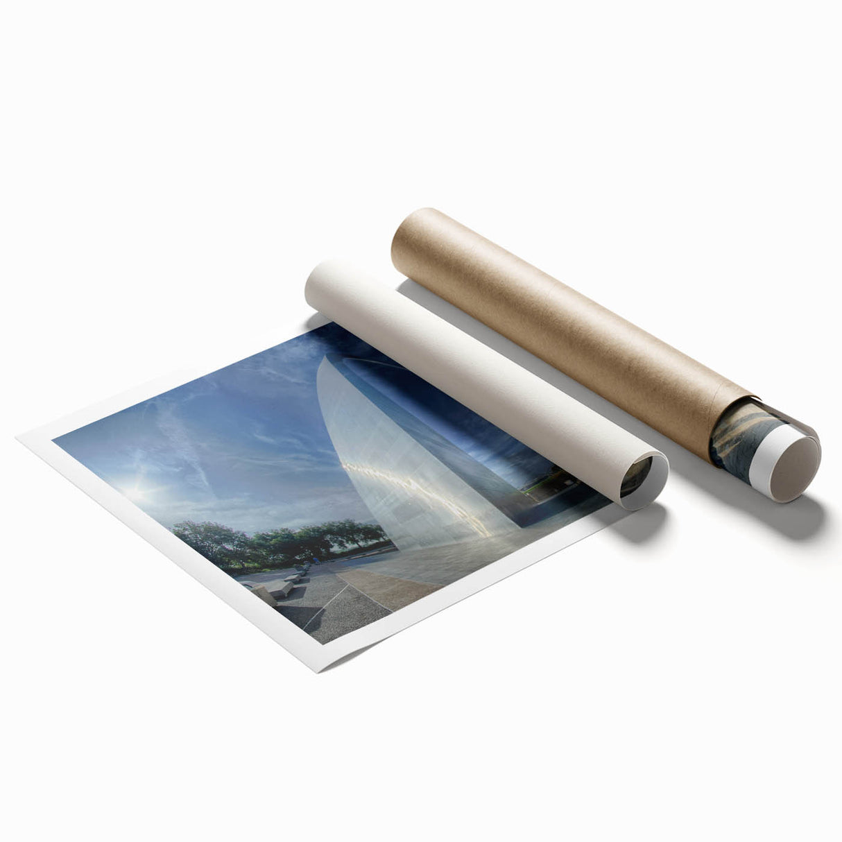 Large rolled print of a St. Louis scenery with muted floral patterns, ideal for classy bathroom wall art.