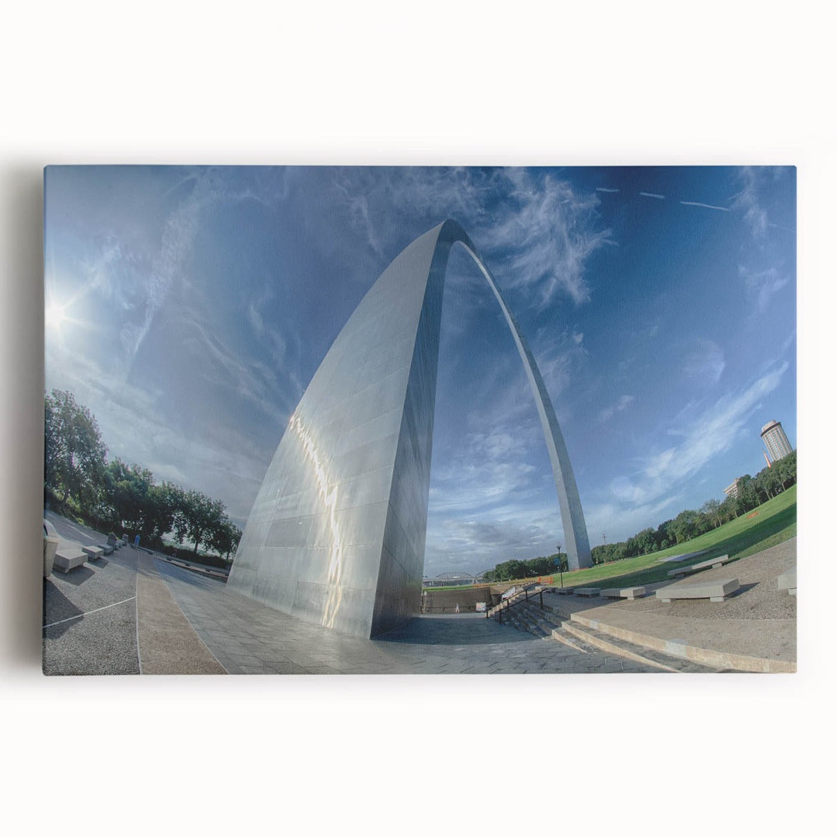 Black and white stretched canvas of St. Louis skyline, ideal for kitchen wall art.