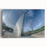 Black and white stretched canvas of St. Louis skyline, ideal for kitchen wall art.