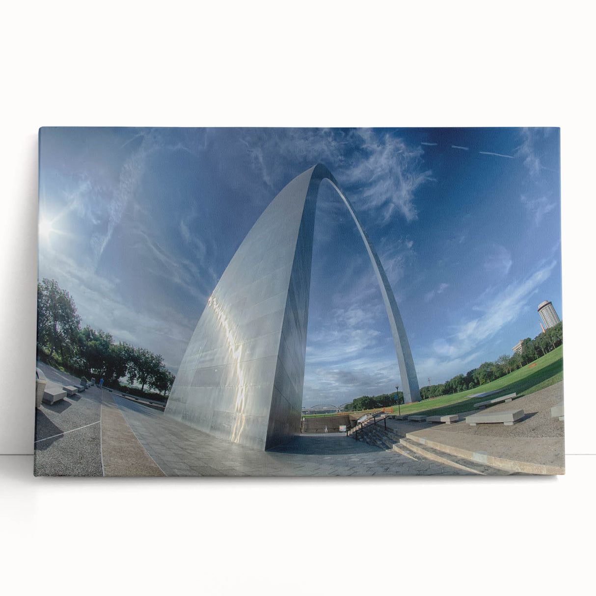 Black and white image of St. Louis skyline on stretched canvas, suitable as kitchen wall art or bedroom decor.