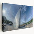 Stretched canvas of St. Louis skyline in muted blue and gray tones, ideal for kitchen wall art.