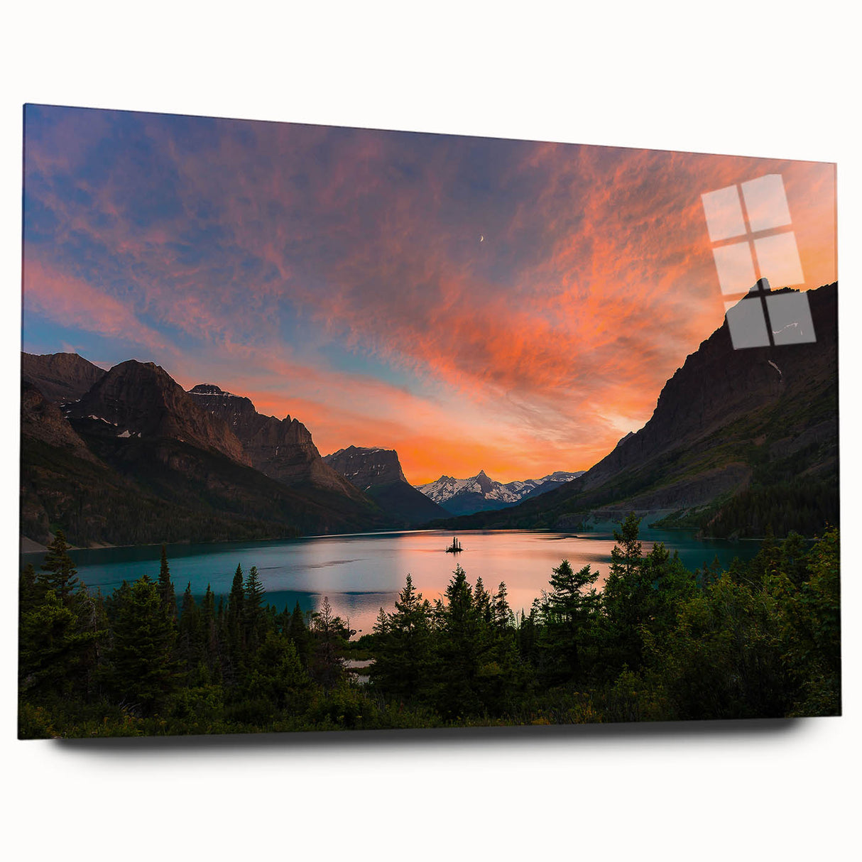 Large abstract depiction of Glacier National Park on acrylic glass, featuring cool blue and white tones.