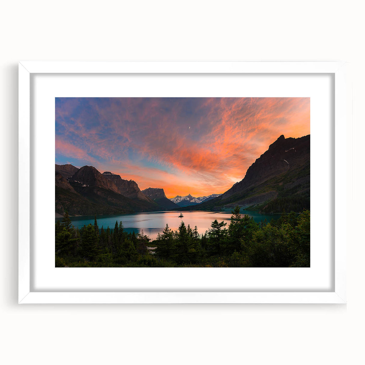 Abstract art print of Montana's Glacier National Park in muted earth tones, framed with a white mat.