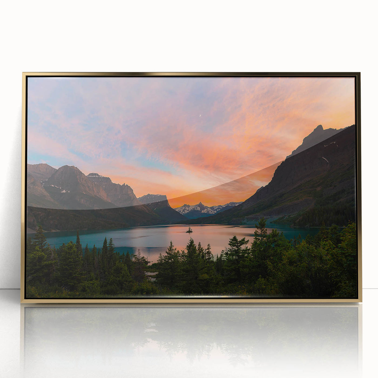 Mid-century modernist art of Montana's Glacier scenery in golden hues on a framed acrylic, suitable as nursery wall art.