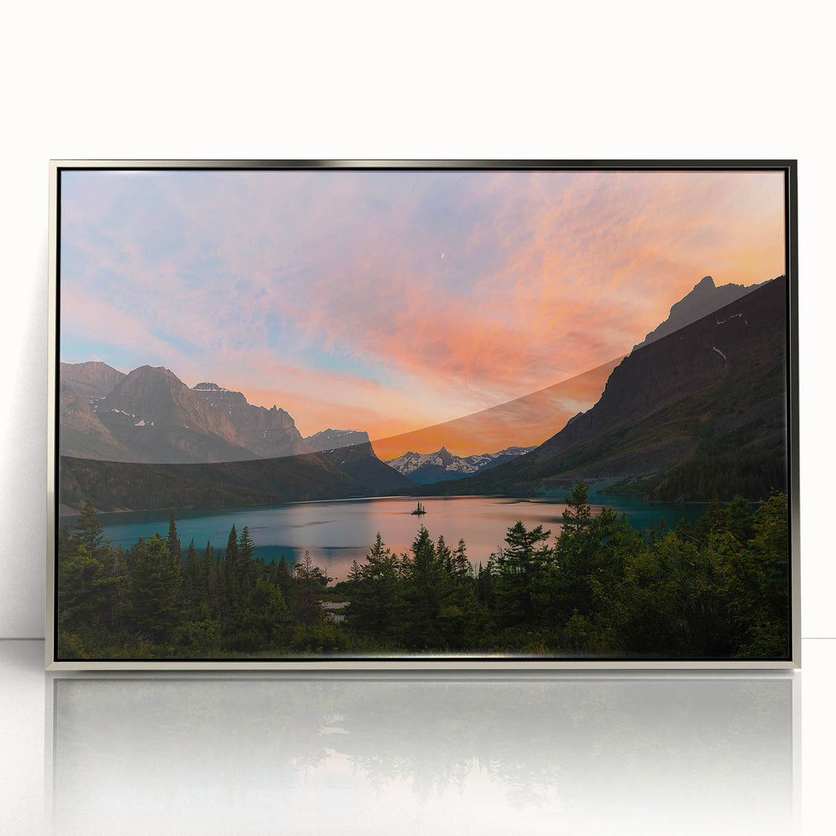 Mid-century modernist art depicting Glacier National Park in muted earth tones on a silver-framed acrylic print.