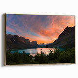 Framed canvas wall art featuring a vintage-style landscape painting of Glacier National Park in Montana.
