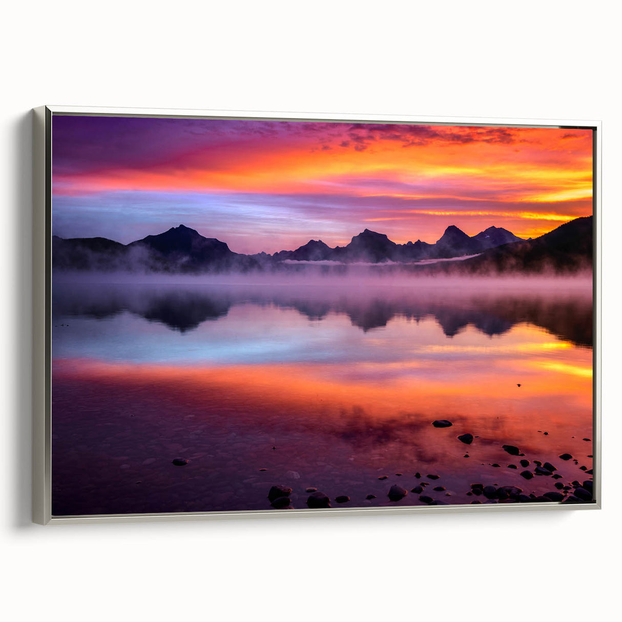 Framed canvas depicting a Montana landscape with vibrant green and blue tones, suitable for living room decor.
