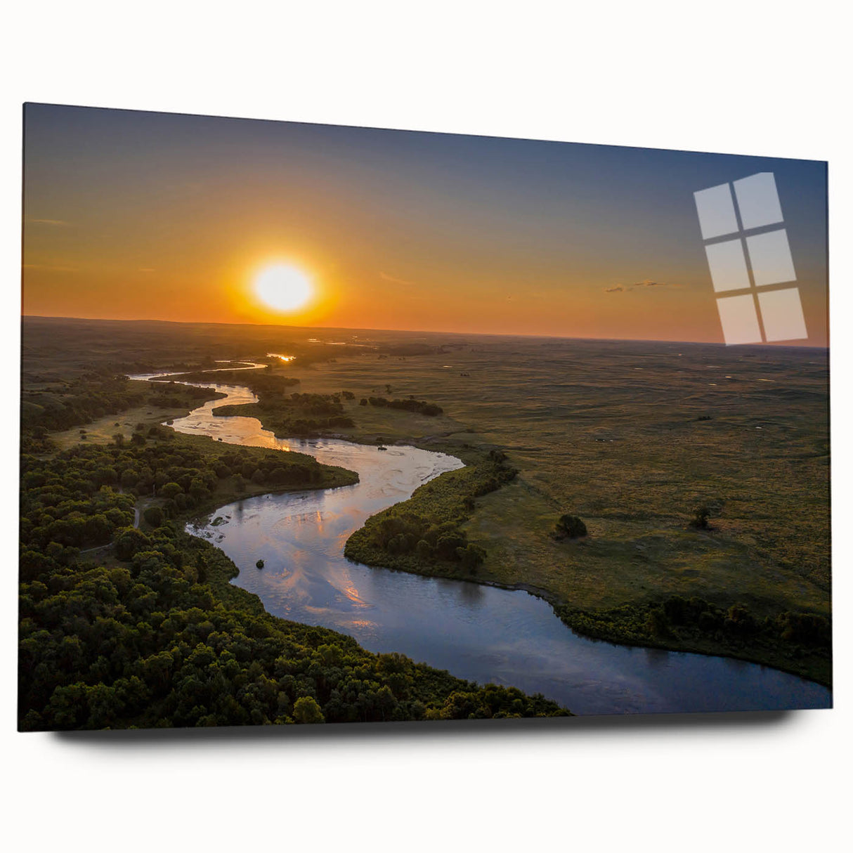 Large abstract wall art depicting a Nebraska landscape in vibrant orange and blue hues on acrylic glass.