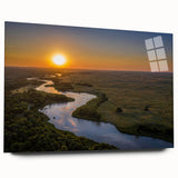 Large abstract wall art depicting a Nebraska landscape in vibrant orange and blue hues on acrylic glass.
