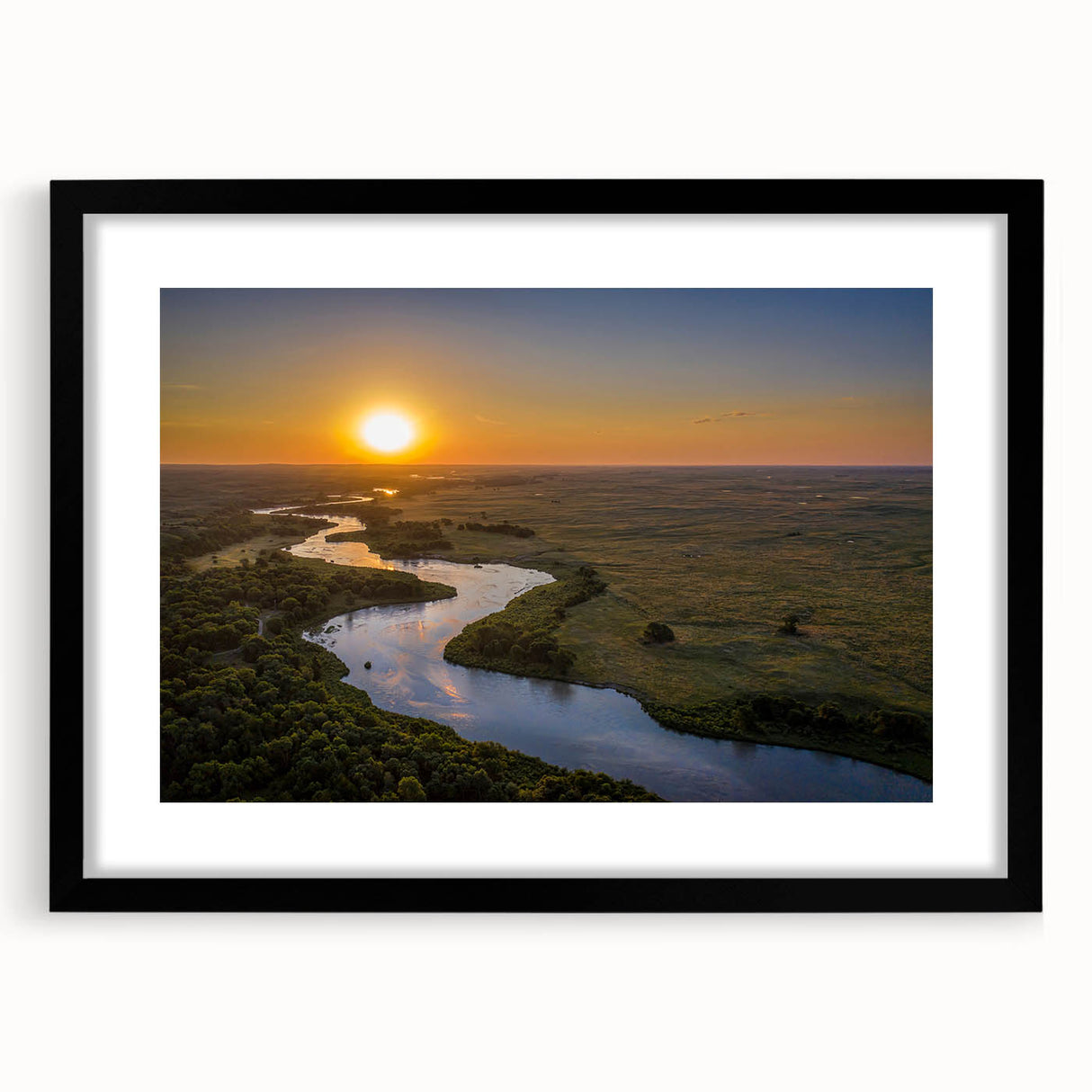 Abstract art print featuring textured, colorful art with vibrant hues of blue and orange on a large framed canvas.